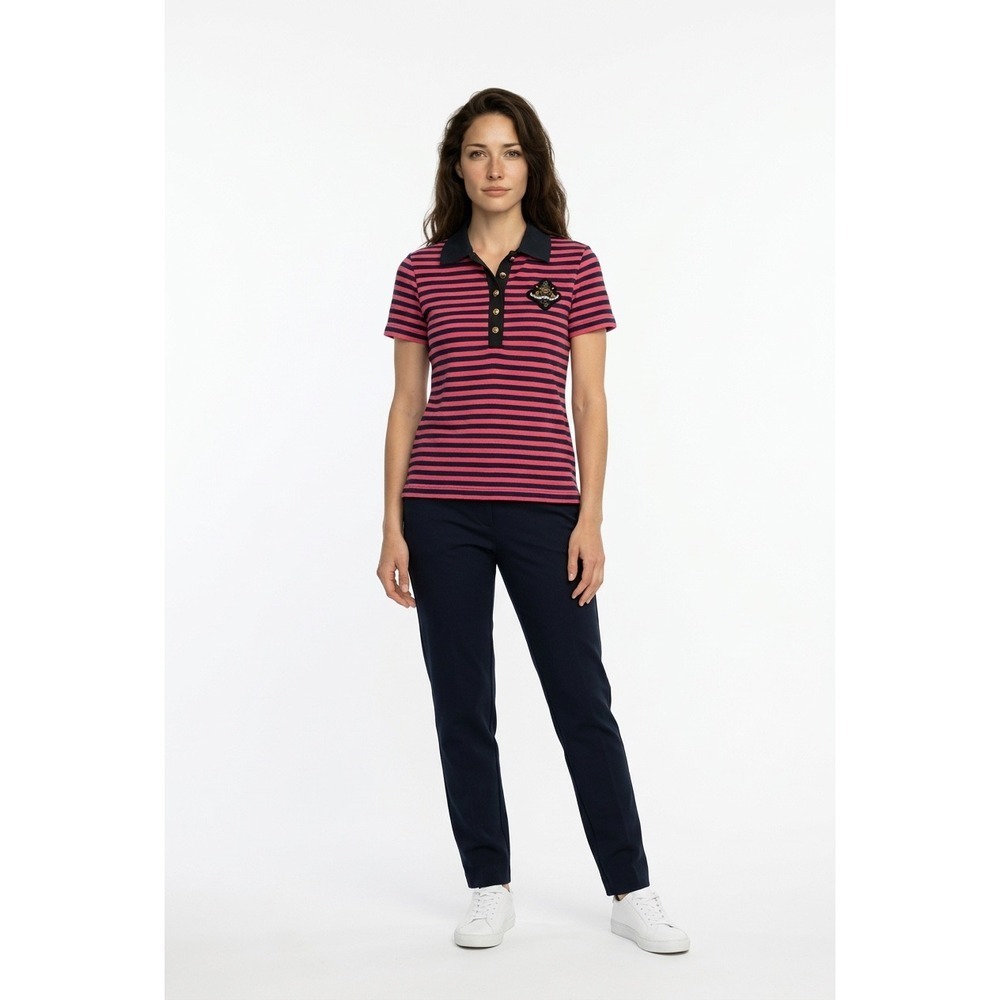 Tory Burch Womens Striped Polo Shirt Pink Navy Blue Gold Crest Button Size L